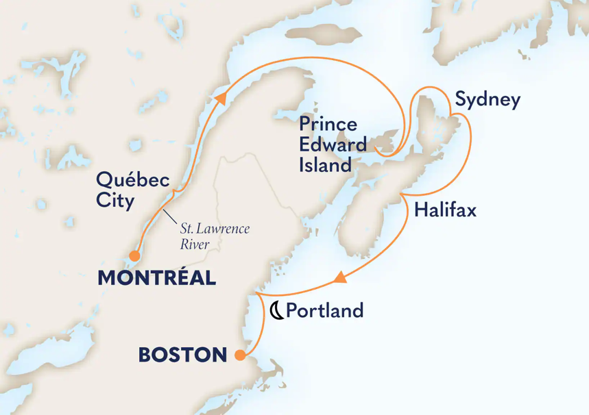 Canada and New England cruise route from Montreal to Boston