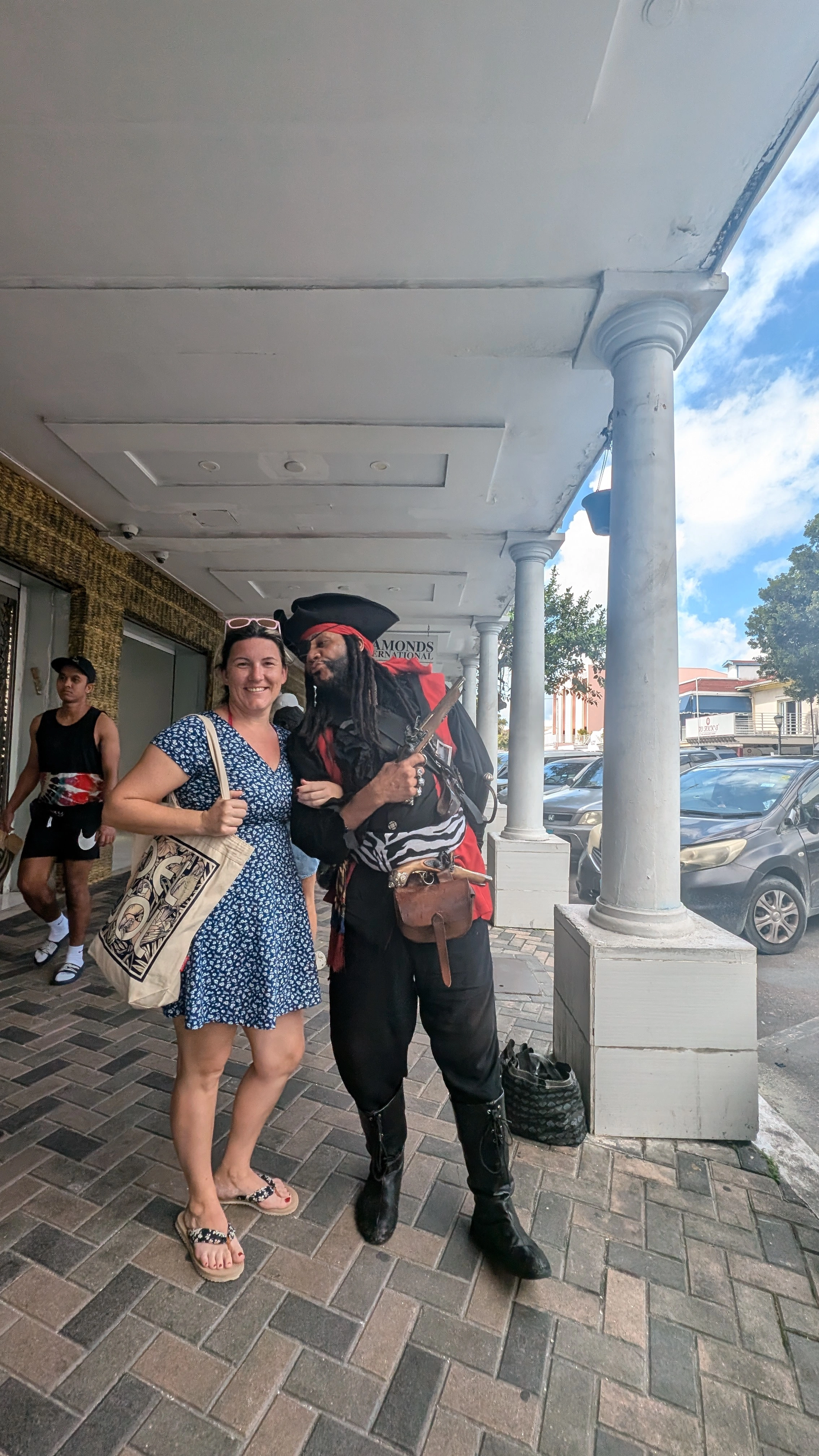 Nikki exploring Nassau, Bahamas with a local pirate performer