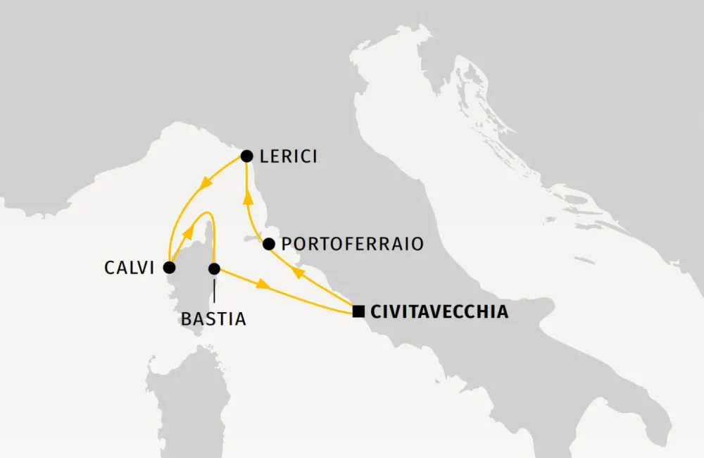 Map of the Star Clipper route between Civitavecchia, Corsica and Italy