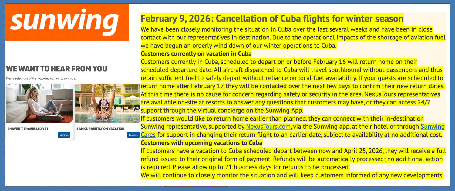 Sunwing Cuba Update