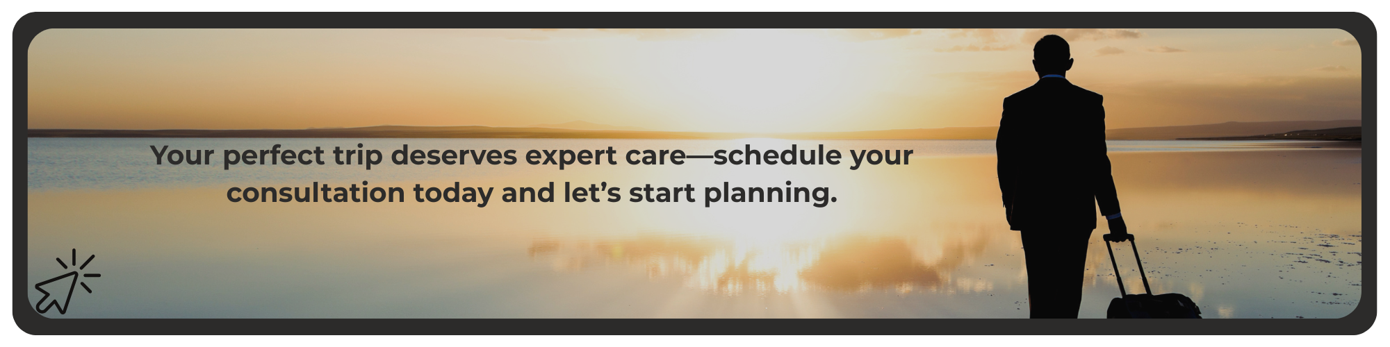  Business traveler with suitcase standing by reflective sunset shore