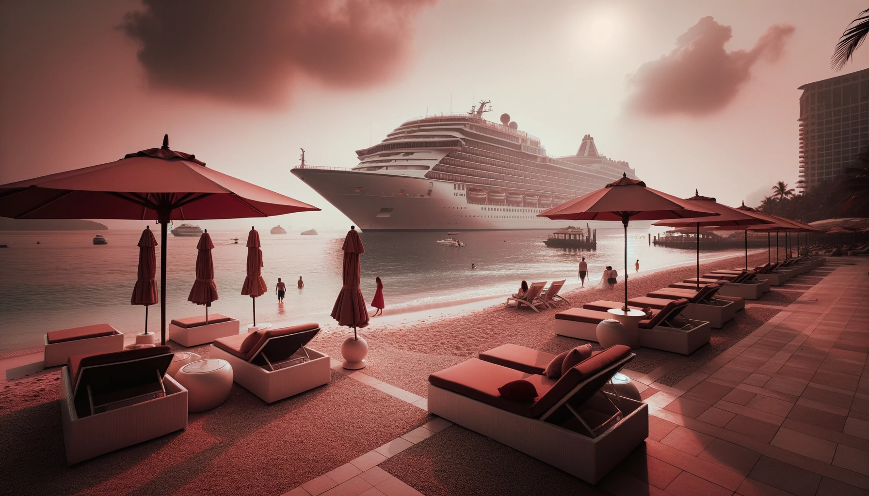 DALL·E 2023-10-18 20.29.01 - Photo of a luxurious beachfront scene bathed in muted red hues. Elegant lounge chairs and umbrellas dot the shoreline, with a few travelers leisurely .png