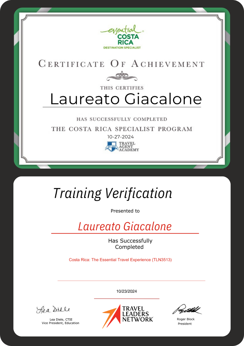 Costa Rica Specialist Certificate for Laureato Giacalone