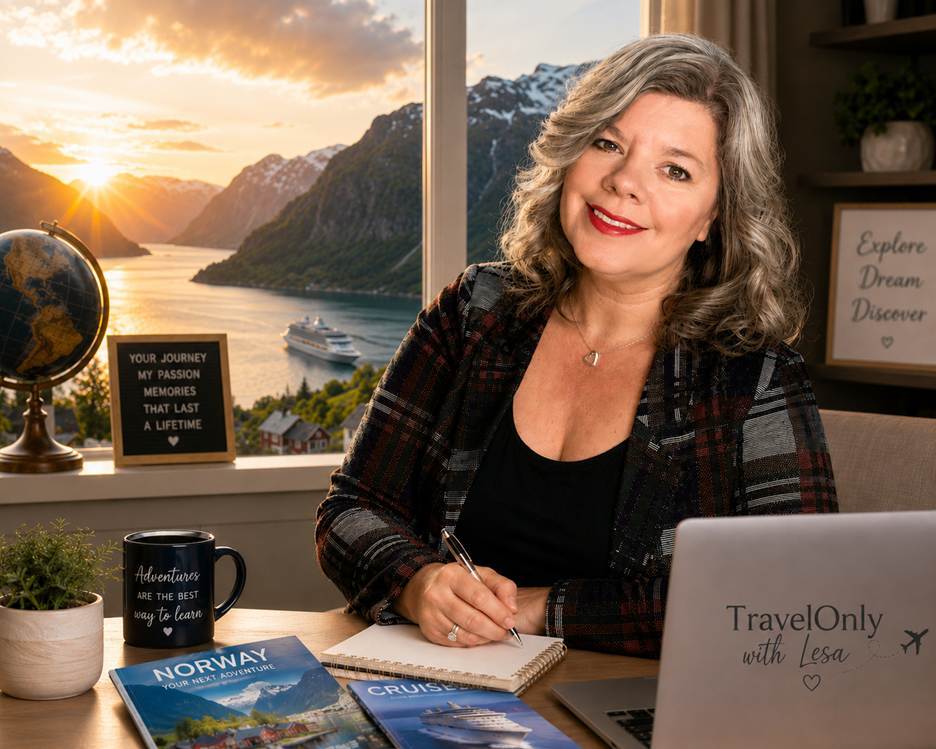 Lesa Nelson of TravelOnly with Lesa planning dream vacations with a Norwegian fjord and cruise ship in the background