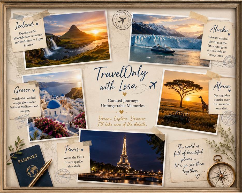 Travel collage featuring Iceland, Alaska, Greece, Africa, and Paris with TravelOnly with Lesa and Happy International Day of Light