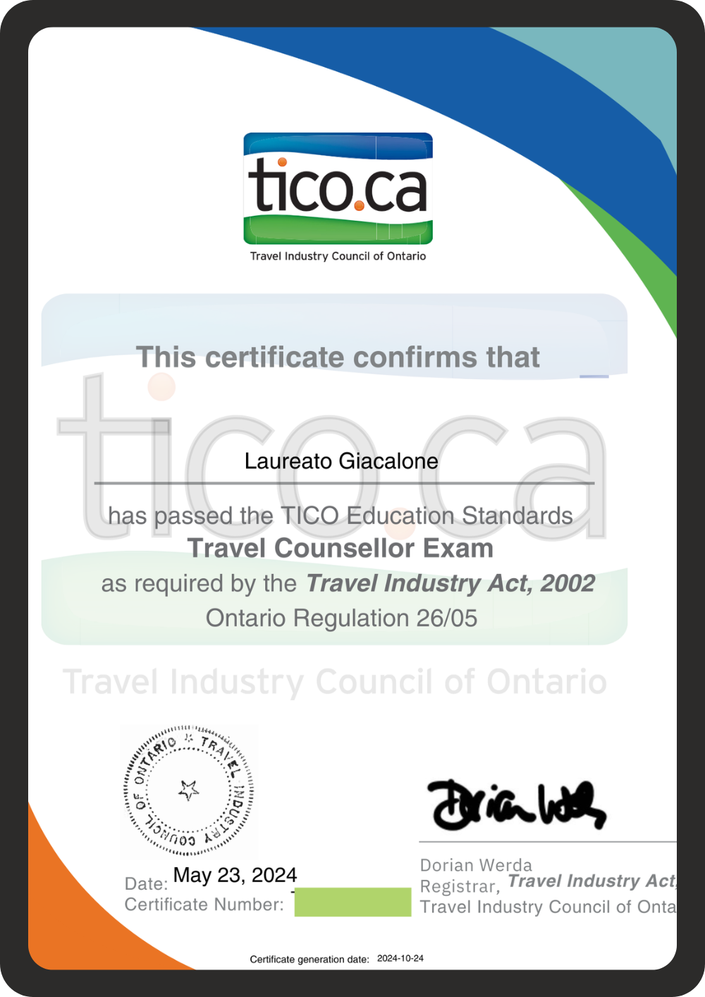 TICO Travel Counsellor Certificate awarded to Laureato Giacalone by the Travel Industry Council of Ontario