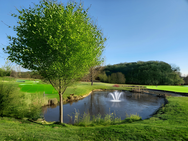 A pond with a fountain in the middle of it