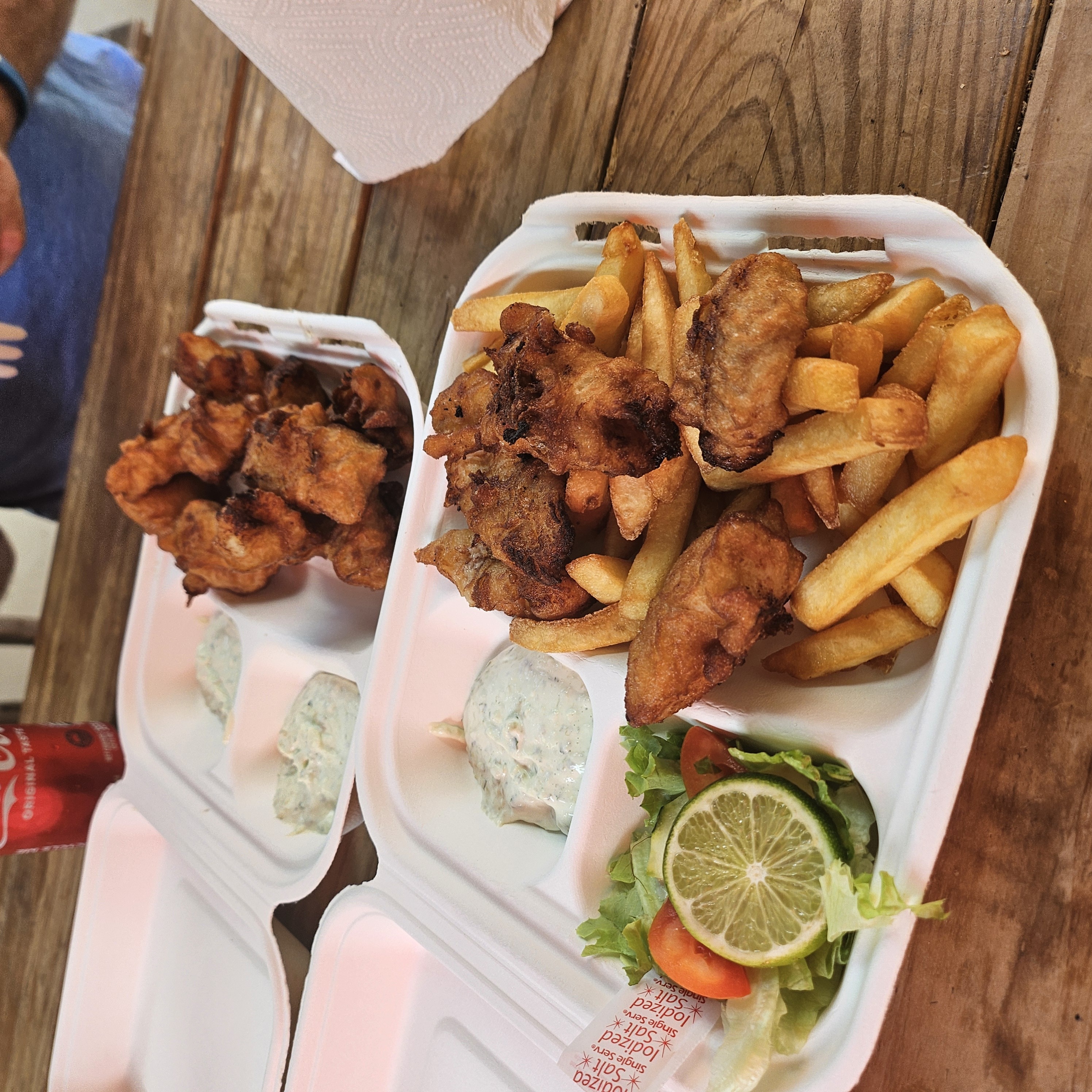 Lion fish nuggets with fries and salad at the Lion fish Shack Aruba