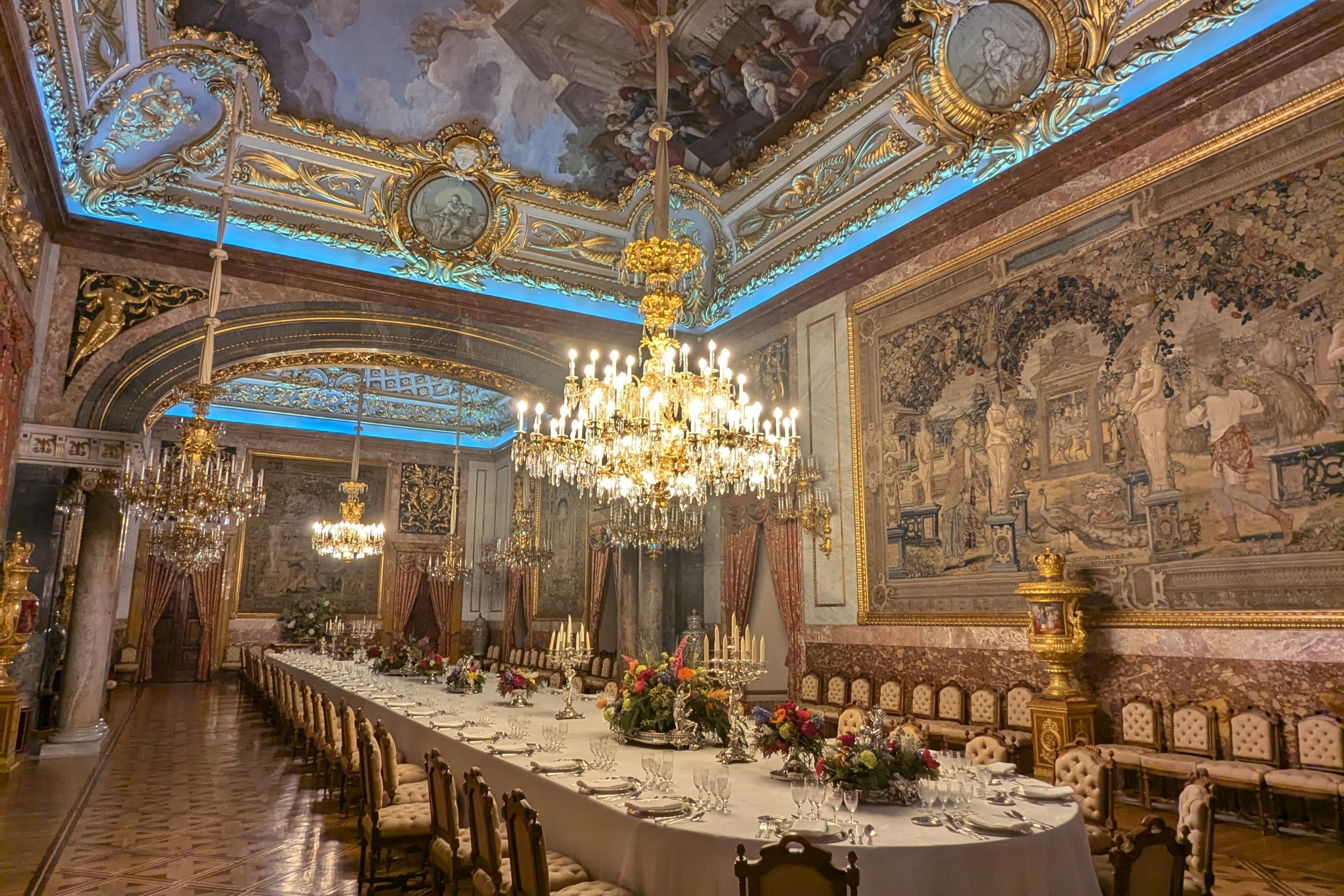 Formal dining hall within the Royal Palace of Madrid
