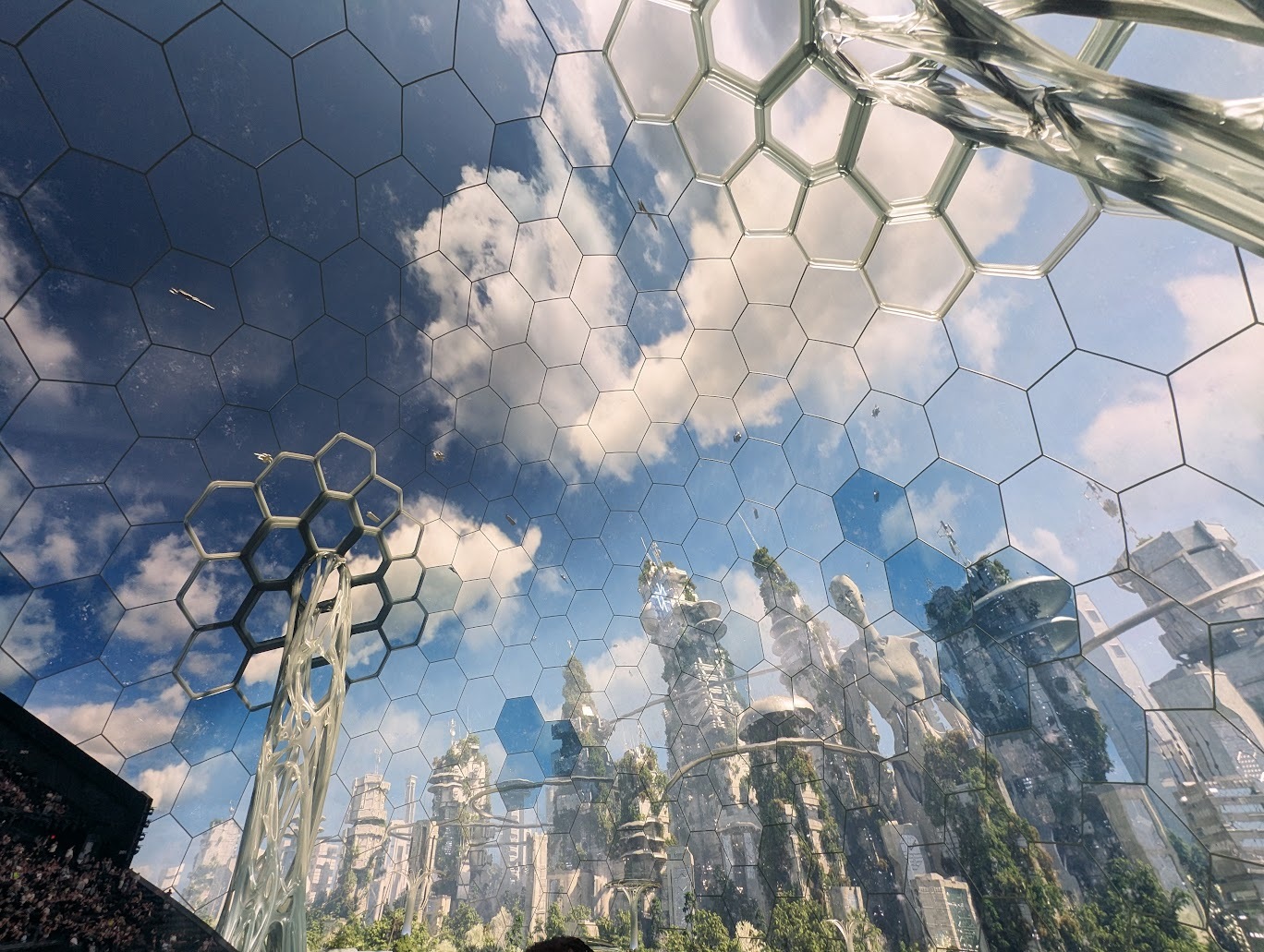 Visual of blue futuristic sky on the large monitor of The Sphere