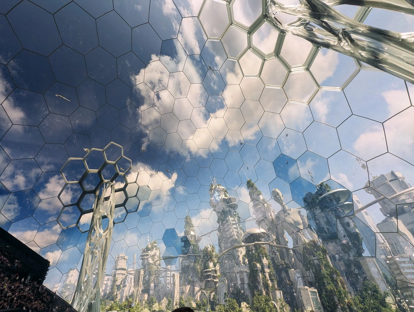 Visual of blue futuristic sky on the large monitor of The Sphere