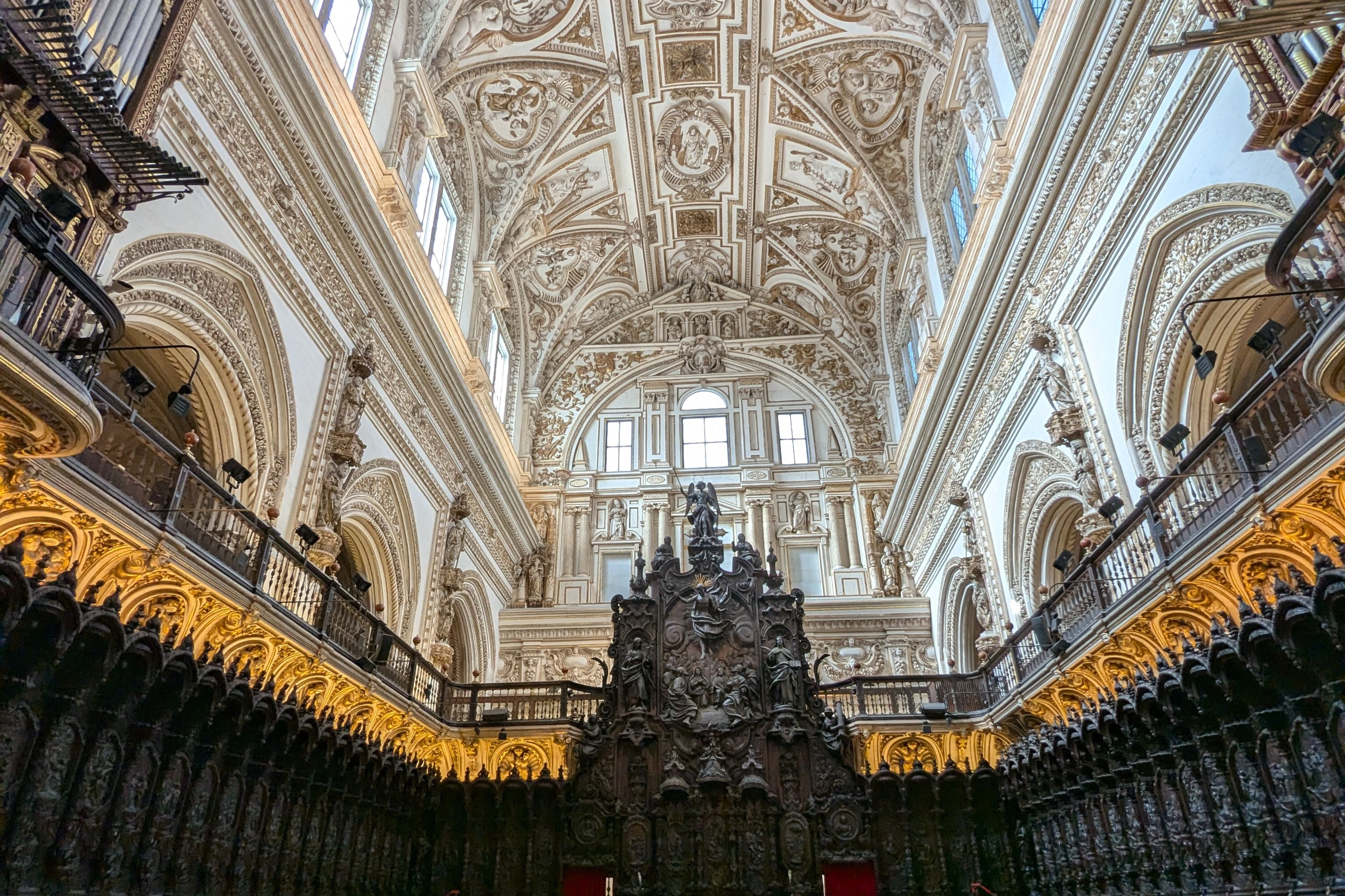 Ornate and grand ceiling inside the Mosque-Cathedral Monumental Site of Córdoba