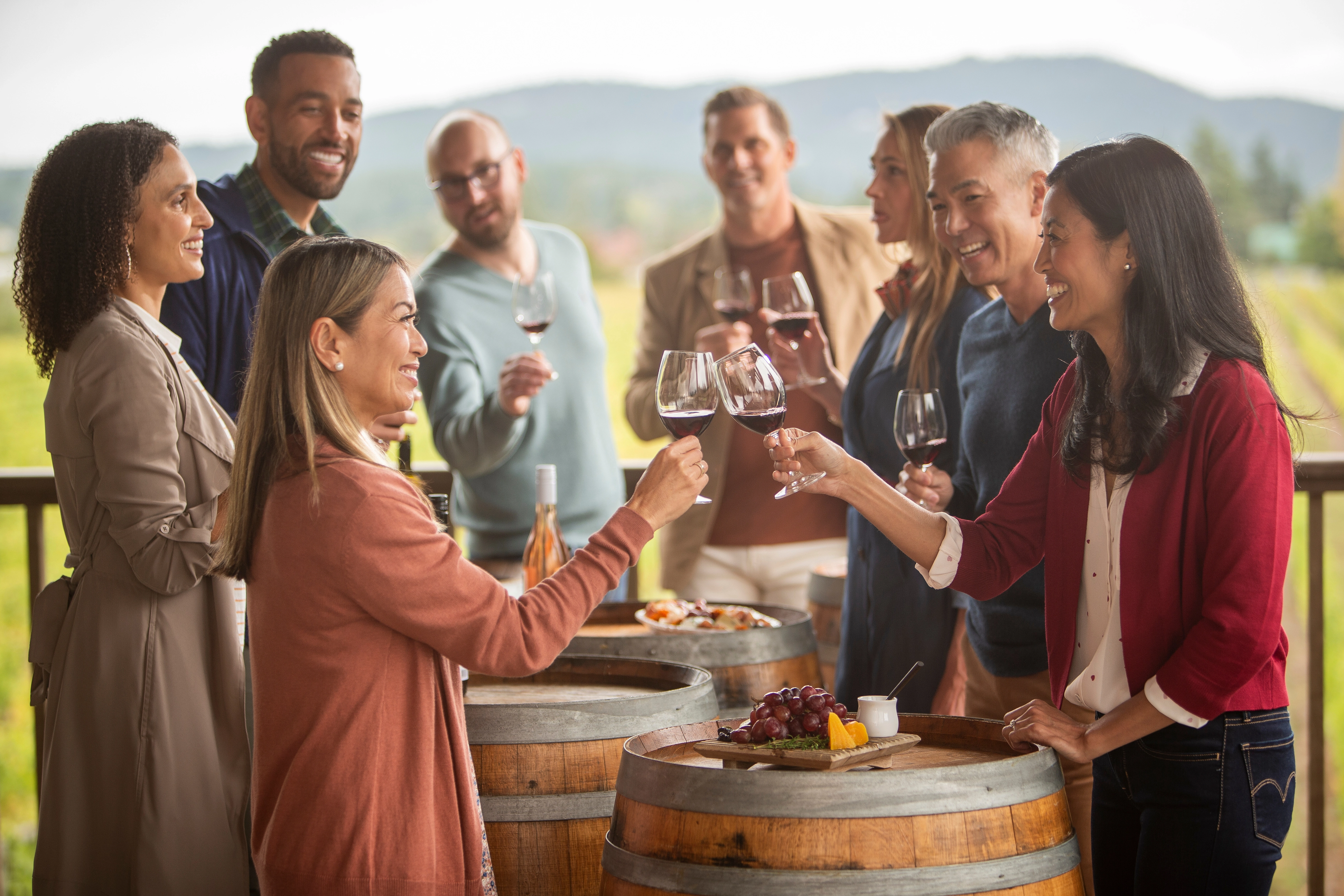 A group of friends toasting with glasses of red wine.