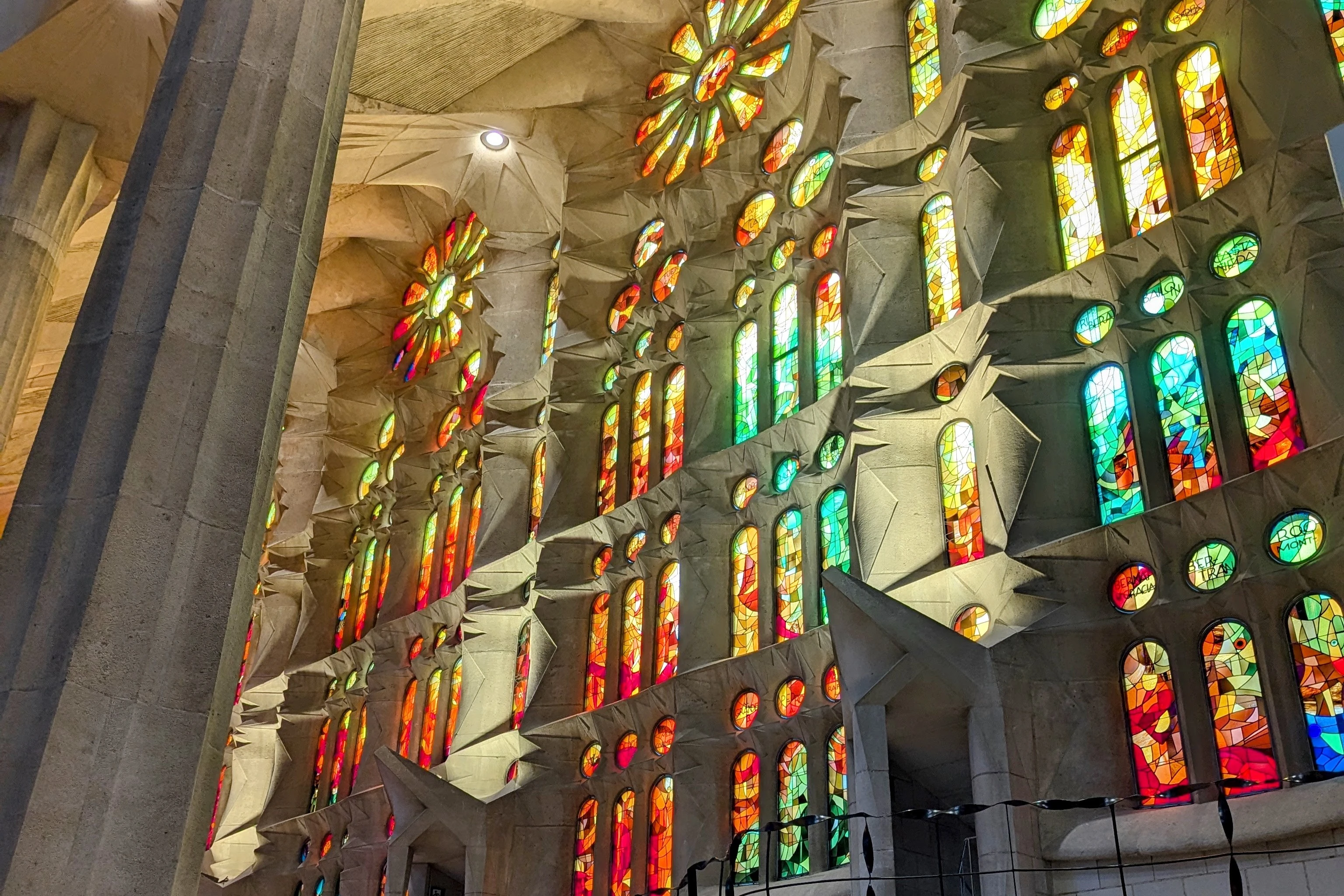 Colourful stained glass windows inside the Sagrada Família