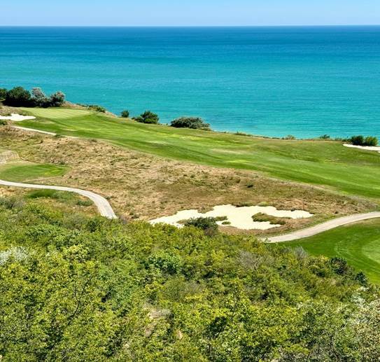 A golf course with a path and a body of water

AI-generated content may be incorrect.