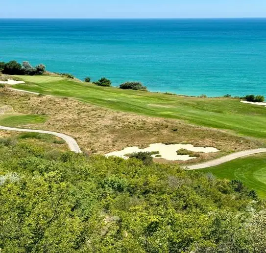 A golf course with a path and a body of water

AI-generated content may be incorrect.
