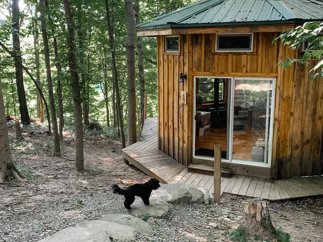 Hand-built of wood cut right on the property, this tiny solar-powered retreat lets you disconnect from the grid and recharge your