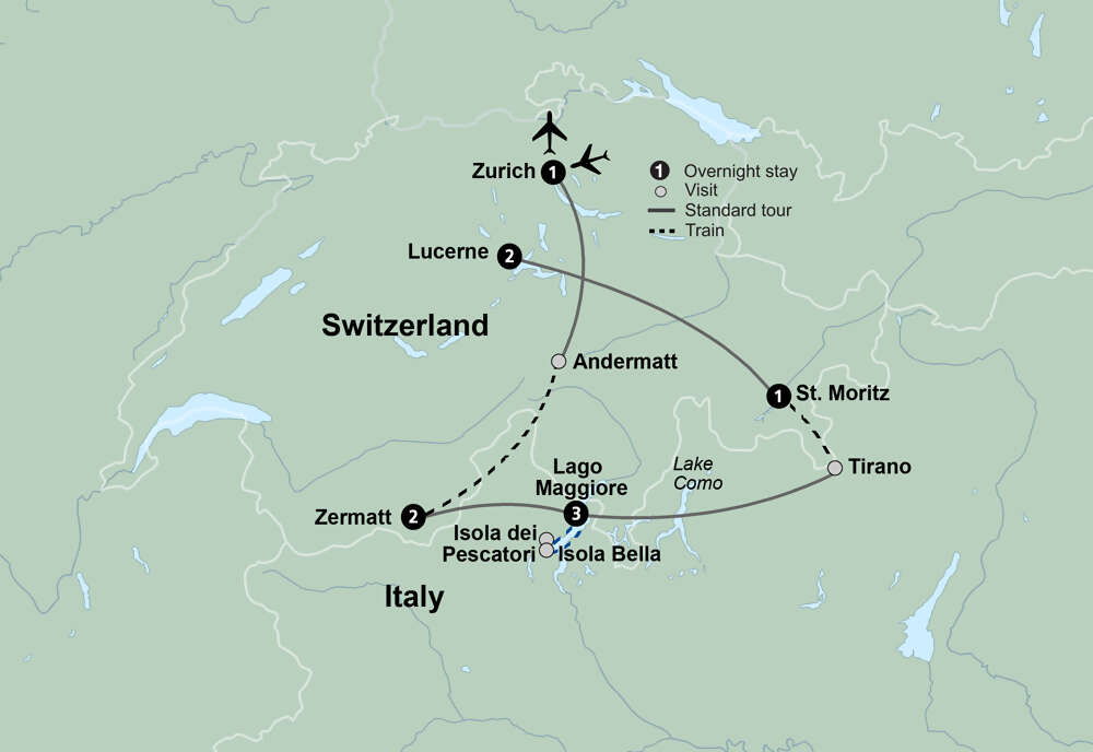Alpine Lakes & Scenic Trains featuring a cruise on Lake Maggiore and scenic trains in Switzerland & Italy