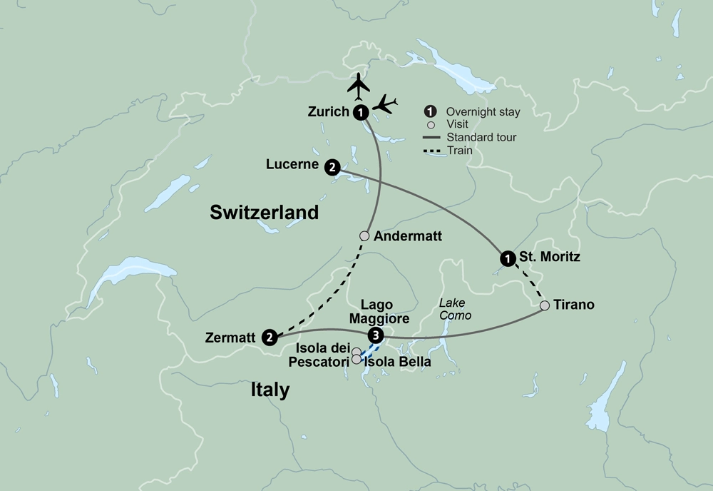 Alpine Lakes & Scenic Trains featuring a cruise on Lake Maggiore and scenic trains in Switzerland & Italy
