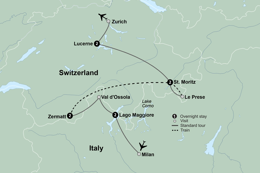 Alpine Lakes & Scenic Trains featuring a cruise on Lake Maggiore and scenic trains in Switzerland & Italy